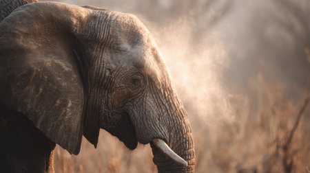 An elephant joyfully sprays dust from its trunk, surrounded by a warm golden glow in the breathtaking savanna landscape.の素材