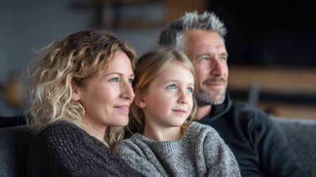 A family of three sits closely on a sofa, watching a movie and sharing smiles in a cozy living room.の素材