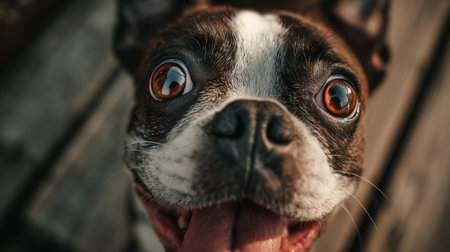 This Boston terrier displays playful energy with bright eyes and a joyful demeanor while exploring a sunny outdoor space.の素材