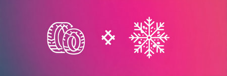 Tire and snowflake icons are creatively combined against a colorful gradient, highlighting winter service offerings in a simple design.の素材