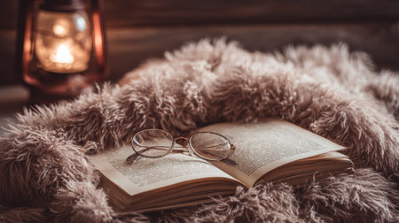 A warm and inviting reading corner features a fluffy blanket and soft light.の素材