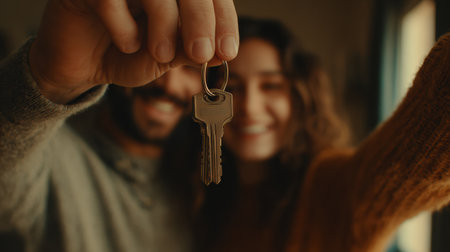 Newly moved couple stands together, proudly holding keys to their apartment, filled with joy and excitement in a cozy atmosphere.の素材