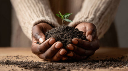 Close-up view of hands carefully molding rich soil while nurturing a small sprout, showing love for the environment and sustainability efforts.の素材