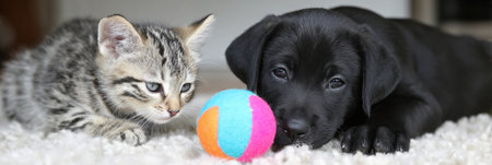 Soft rug hosts playful kittens and puppies enjoying a colorful ball in bright natural light, capturing their joyful spirit and energy.の素材