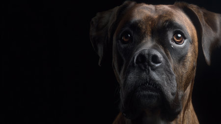 Close-up of a boxer dog with a serious expression highlights its strong features against a dark background, creating a dramatic effect.の素材