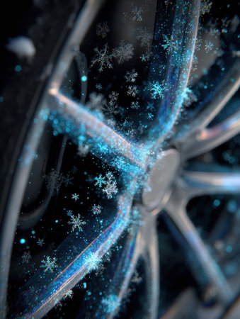 Snow particles swirl around a holographic car wheel, highlighting advancements in automotive design during the winter season.の素材