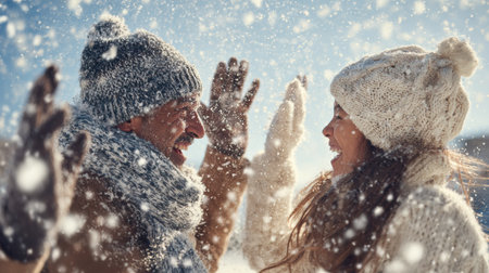 A father and daughter celebrate with a high-five after catching something together in a snowy setting, enjoying their time in the winter.の素材