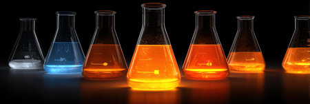 Flasks filled with glowing liquids in various colors showcase the beauty of scientific experimentation, highlighting innovation in a lab environment.の素材