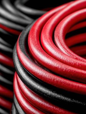 Close-up view of a battery charger cable showing red and black lines, providing ideal copy space for additional content.の素材