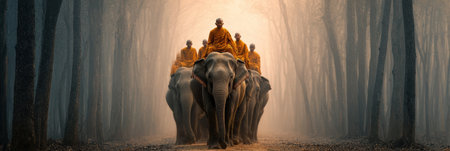 Monks ride on elephants through a fog-covered forest, embodying tranquility and spirituality in a peaceful morning setting.の素材
