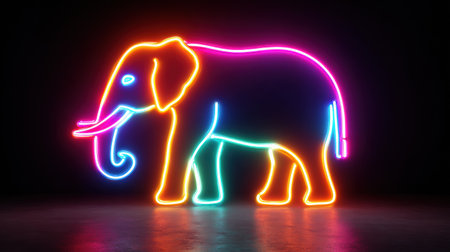 A vibrant elephant outlined in glowing neon colors stands out against a black background, blending surrealism with modern art touch.の素材