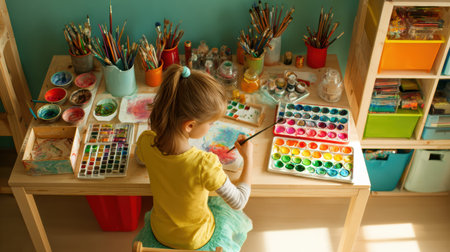 A child sits at a vibrant desk filled with art supplies, joyfully painting a bright rainbow with various colors in the afternoon light.の素材
