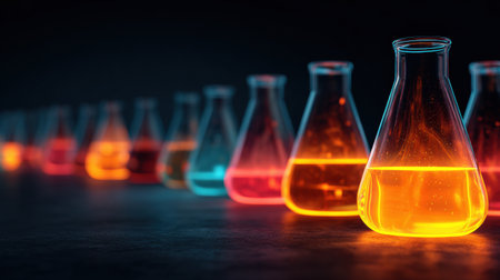 Clean laboratory glassware filled with vibrant glowing liquids reflects the spirit of innovation and advancement in science during experimental work.の素材