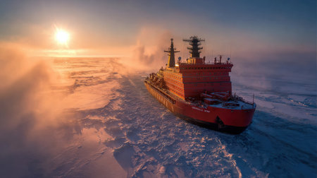 A formidable icebreaker cuts through thick ice under the cold winter sun, showing human determination and the spirit of exploration.の素材
