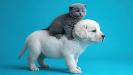 A playful kitten stands on the back of a fluffy puppy, showing balance and joy in a vibrant blue setting.の素材
