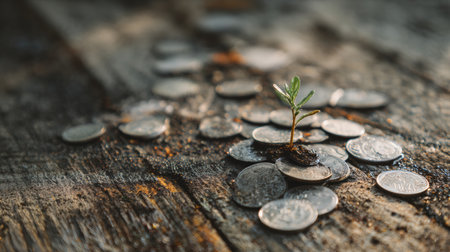 A little seedling emerges from silver coins scattered on a wooden surface, symbolizing eco-investing and sustainable profits.の素材
