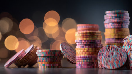 Poker chips in various colors are stacked on a gaming table, surrounded by an abstract backdrop that enhances the lively gambling scene at night.の素材