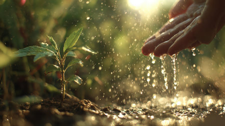 Hand waters a young green plant in bright sunlight, with droplets falling gently in slow motion, showing natures growth and care.の素材