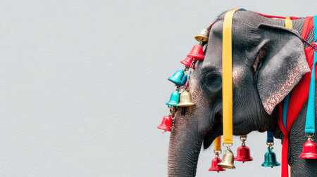 Celebration in Asia showcases an elephant dressed in vibrant silk fabrics and bells, highlighting tradition and culture during a festival.の素材
