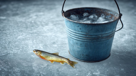 A fish rests on ice beside a bucket filled with ice. The scene highlights the winter fishing experience.の素材
