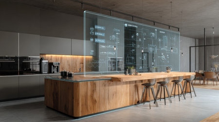This smart kitchen showcases a digital recipe assistant on a floating display, enhancing cooking experiences with technology and convenience.の素材