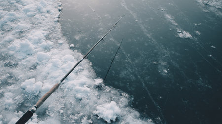 A fishing rod rests on the surface of a frozen lake, surrounded by snow in a serene winter landscape ideal for quiet outdoor activities.の素材