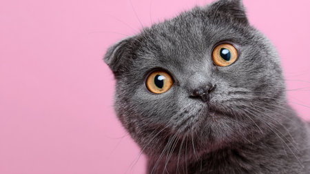 Scottish fold cat with a round face looks inquisitively at the camera with a pastel background creating a soft visual atmosphere.の素材
