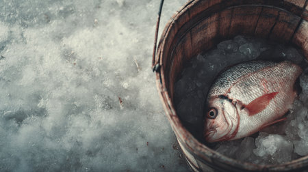 Fish lies on a bed of ice near a wooden bucket, showcasing the winter fishing experience in a tranquil setting.の素材