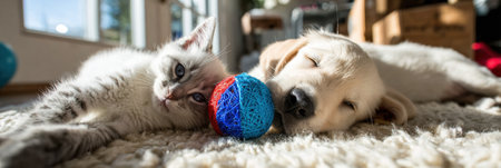 Kittens and puppies enjoy playful moments with a soft ball on a cozy rug, basking in warm natural light in a cheerful room.の素材
