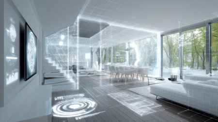 Futuristic living space showcases glowing smart home technology with sleek design elements and ample natural light from large windows.の素材