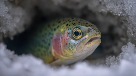 A single fish breaks through an icy hole, showing its vivid colors and unique patterns against the stark ice and water contrast.の素材