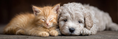 Small orange kitten peacefully curled beside a fluffy puppy in warm light, showing their adorable friendship and comfort.の素材