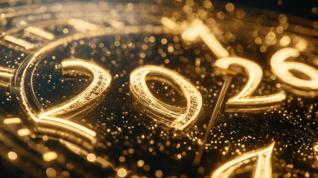 A beautiful display of glowing 2026 numbers set against a clock background, symbolizing excitement for the upcoming year.の素材