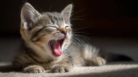 A playful kitten yawns widely as gentle sunlight streams in, creating a warm and cozy mood in the tranquil room.の素材