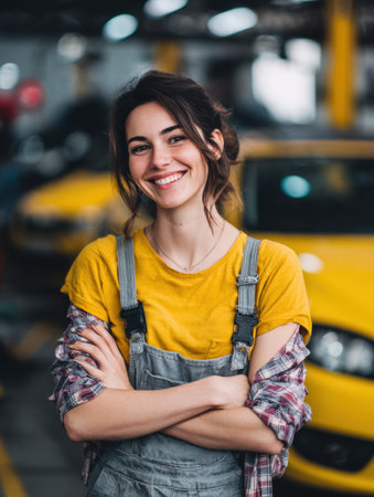 A female driver stands smiling in a bright workshop, happy to receive her serviced car, surrounded by cheerful colors and equipment.の素材