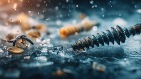 Exploration of winter sports features an auger drill and fishing gear positioned near an ice hole under vivid natural light.の素材