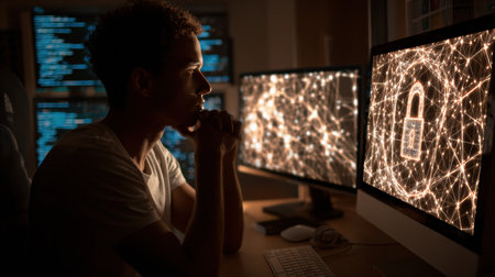 Young individual sitting at a desk, intently observing computer screens that display a visualization of secure networks, promoting internet safety.の素材