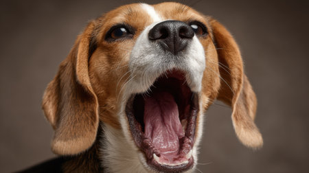A beagle is captured mid-yawn, showing its funny expression with space available for added text or captions that enhance the moment.の素材