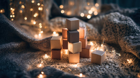 Wooden cubes are arranged creatively among soft festive lights, creating a warm and inviting atmosphere perfect for welcoming the new year.の素材
