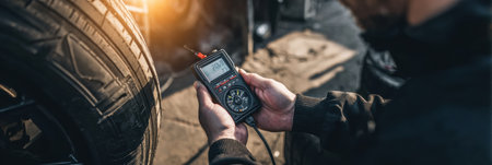 A mechanics performs tire pressure testing with a digital gauge in a well-lit workshop, ensuring optimal performance of the vehicle.の素材