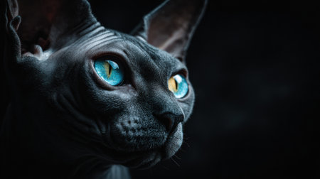 A close-up view of a Sphynx cat highlights its unique features, including large blue and yellow irises in a dark, minimalistic studio.の素材