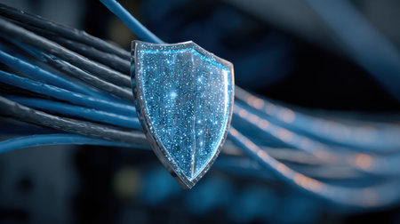 A blue glowing shield overlay highlights network wires, representing the importance of secure and encrypted communication in modern technology.の素材