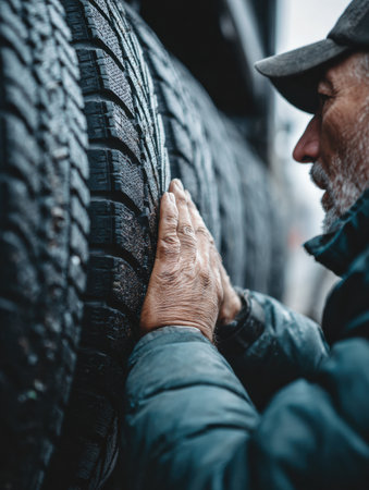 Expert examines tire tread depth to ensure safe winter driving conditions during a wet day outside.の素材