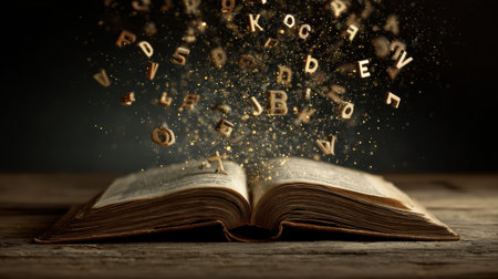 An open book emits light rays while letters float around, symbolizing the enchanting power of learning and imagination.の素材