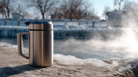 A stainless steel thermos releases steam next to a tranquil fishing hole frozen in winter. The warm drink contrasts with the cold scenery.の素材