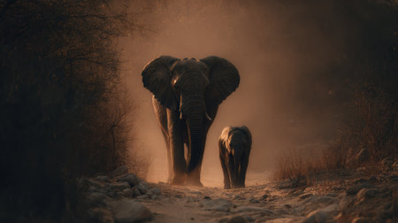 Mother elephant leads her baby along a dusty trail during sunset, surrounded by a warm cinematic atmosphere and soft light.の素材