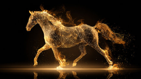 A powerful horse emerges from vibrant gold smoke and flames, representing energy and prosperity in this striking digital artwork.の素材