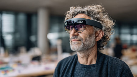 Man with curly hair and beard wears smart glasses while looking at digital elements in a virtual workspace in a busy office.の素材