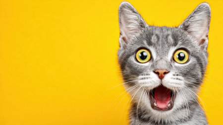 A surprised cat displays a wide open mouth and big eyes against a cheerful yellow backdrop, capturing a funny comic moment.の素材