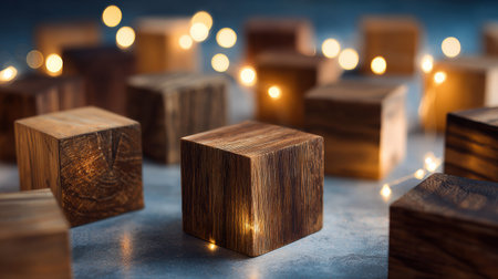 Wooden cubes are arranged amidst soft festive lights, creating a cozy and inviting atmosphere for the 2026 new year celebration.の素材
